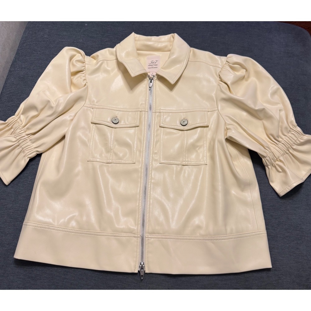 Cinq a Sept Tous Les Jours Vegan Leather Puff Sleeve Jacket Ivory Cream Small